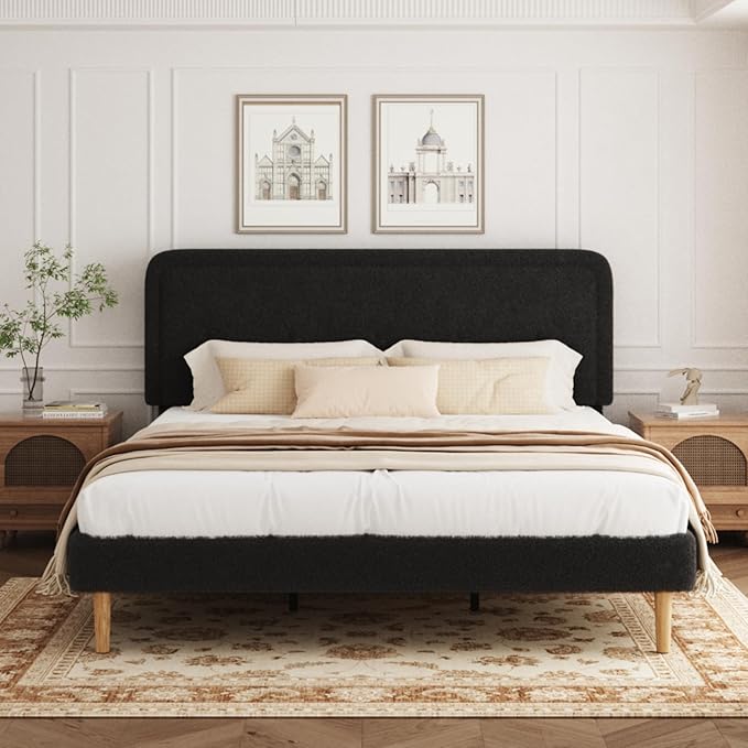 King Size Boucle Platform Bed Frame, Anti-Collision Soft Rounded Corners, Adjustable Headboard, No Box Spring Needed, Easy Assembly, Noise Free, Dark Grey