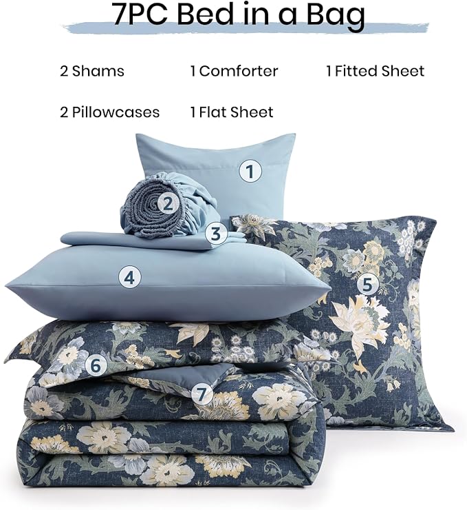 Full Comforter Set -7 Pieces Floral Navy Blue Comforter Set for All Seasons, Bed in a Bag Full with Botanical Flowers Comforter, Sheets, Pillowcases & Shams