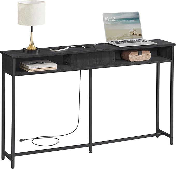 VASAGLE 55.1-Inch Console Table with Outlet and Shelves, Sofa Table with Charging Station, Behind Couch Table Skinny, Entryway Table for Hallway, Living Room, Charcoal Gray and Ink Black ULNT120B22
