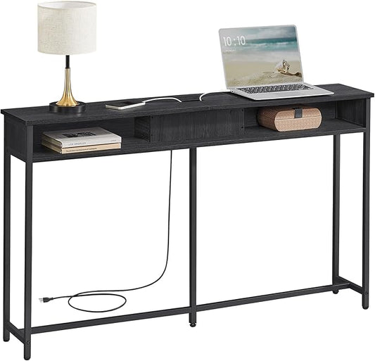 VASAGLE 55.1-Inch Console Table with Outlet and Shelves, Sofa Table with Charging Station, Behind Couch Table Skinny, Entryway Table for Hallway, Living Room, Charcoal Gray and Ink Black ULNT120B22