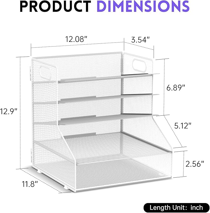 SUPEASY 5-Tier Desk File Organizer, Metal Letter Paper Tray, Desk Organizers and Accessories for Home Office Supplies, White