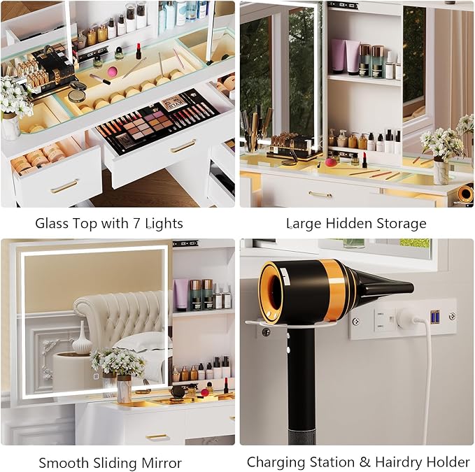 Vanity Desk with Lighted Mirror, Charging Station and Hairdryer Holder, Glass Top Makeup Vanity with Adjustable LED Lights, White Vanity Table with Sliding Mirror & Hidden Storage (No Stool)