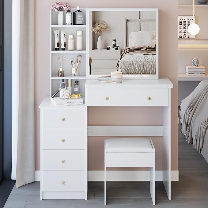 37" Vanity Desk with Mirror, Makeup Table with Sliding Mirror, Dressing Table with Multi Layer High Capacity Storage, Vanity Set with Drawers and Stool for Bedroom, White