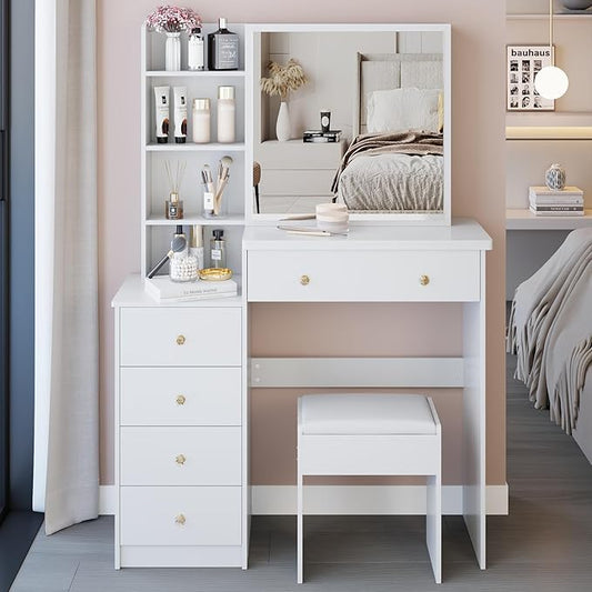37" Vanity Desk with Mirror, Makeup Table with Sliding Mirror, Dressing Table with Multi Layer High Capacity Storage, Vanity Set with Drawers and Stool for Bedroom, White