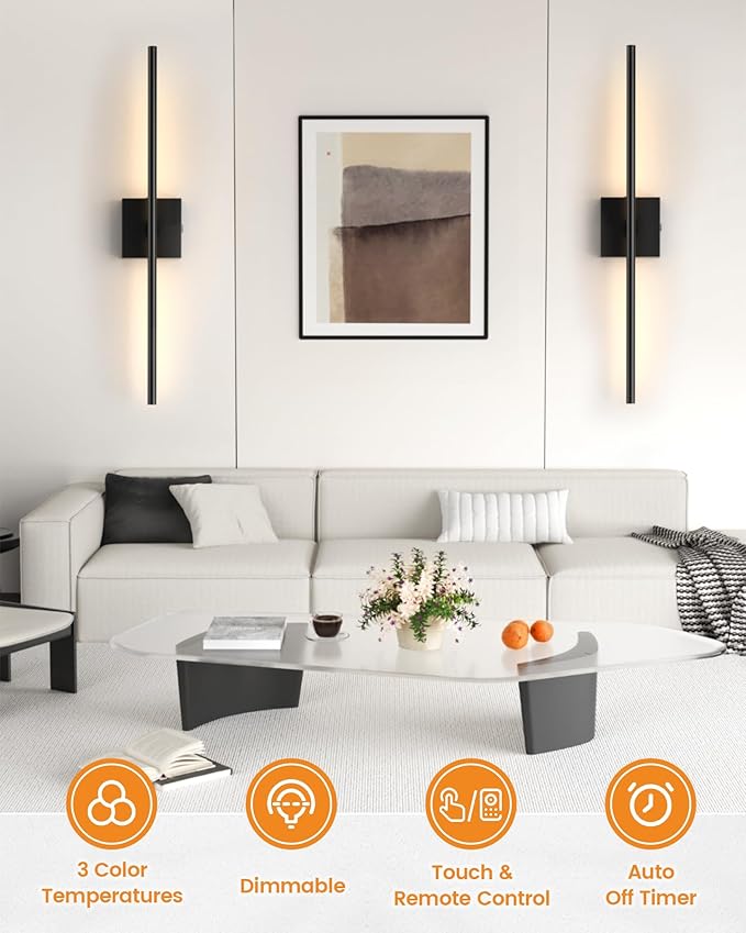 VOLISUN Battery Operated Wall Sconce Set of Two, Black Rechargeable Wall Lights with Remote Control, 3000K-6500K Dimmable Wall Lamp, 27.6 Inch LED Wireless Wall Lights for Bedroom, Living Room,Hallway