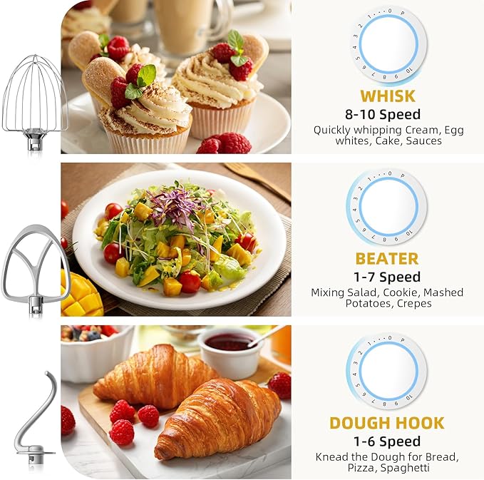 Stand Mixer, 6QT 10+P Speed Tilt-Head Kitchen Electric Mixer, Food Mixer with Stainless Steel Bowl, Dough Hook, Flat Beater, Wire Whisk, Splash Guard for Daily Use - Silver