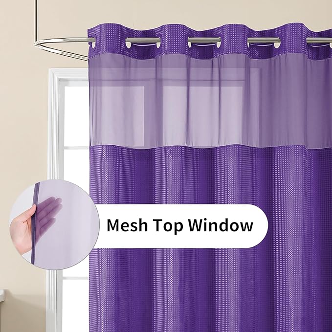 Colorful Star Small Stall Shower Curtain with Snap in Fabric Liner, Waffle Weave No Hook Shower Curtains with Mesh Top Window, Hotel Style Waterproof Bathroom Curtain Set, 36 x 75 Inch, Purple