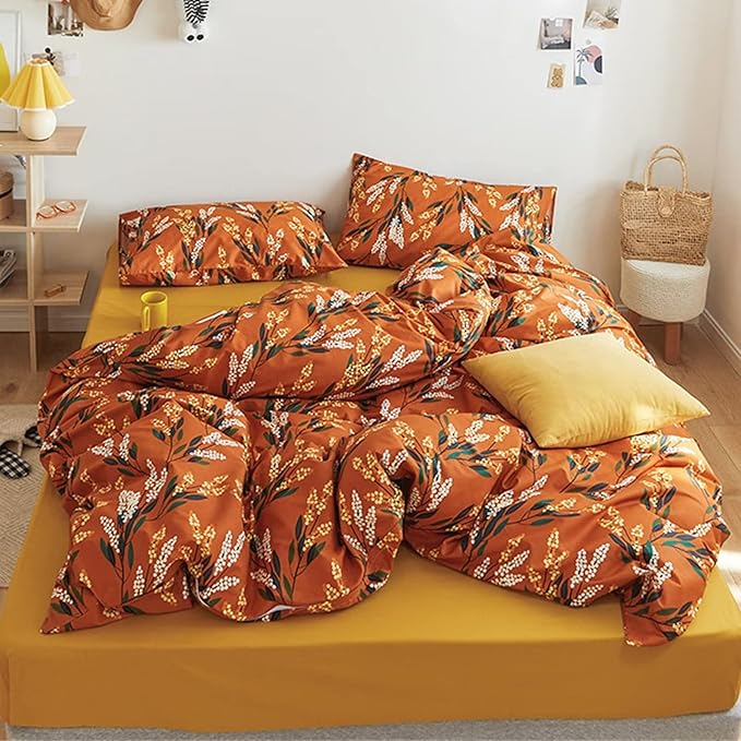 Luxlovery Botanical Floral Comforter Set Full Orange Bohemian Bedding Comforter Set Women Girls Vintage Style Blanket Quilts Breathable Modern Rustic Leaves Bedding Set Hotel Quality Full Comforter