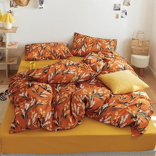Luxlovery Floral Comforter Set Twin Botanical Orange Bohemian Bedding Comforter Set Women Girls Vintage Style Blanket Quilts Breathable Modern Rustic Leaves Bedding Set Hotel Quality Twin Comforter