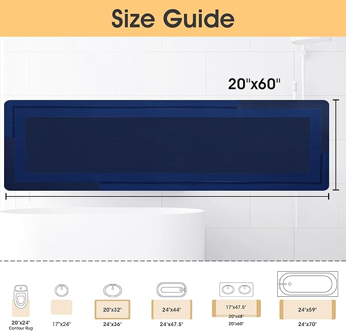 Ultra Thin Bath Mats Fit Under Door, Upgrade Backing Non Slip Bath Mat, Quick Dry Ultra Absorbent Bath Mat, Machine Washable Bathroom Rugs for Bathroom Floor, Bathtub, Kitchen, Dark Blue, 59"x20"