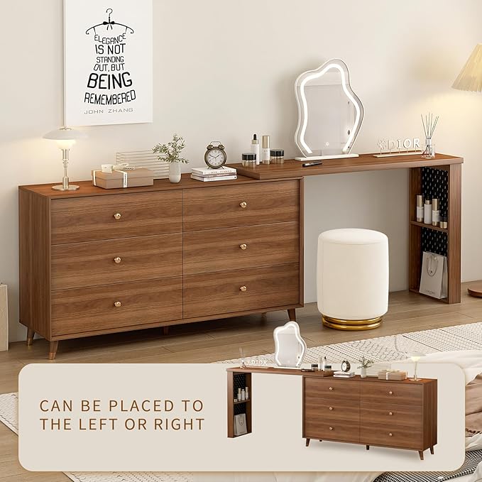 Vanity Desk with Mirror and Lights for Bedroom Furniture, Makeup Table and Chair Stool Set for Girls' Vanities,Dressing Table with A 6-Drawer Dresser and 3 Color Lighting Modes