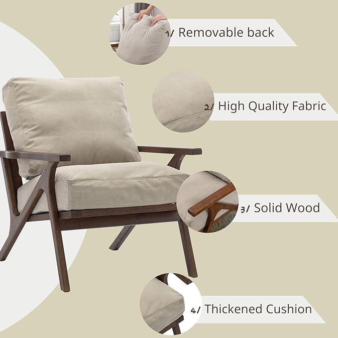 Wahson Set of 2 Mid Century Chair, Upholstered Accent Armchairs, with Wood Frame and Canvas Cushions, Leisure Slipper Chair for Living Room/Bedroom, Beige