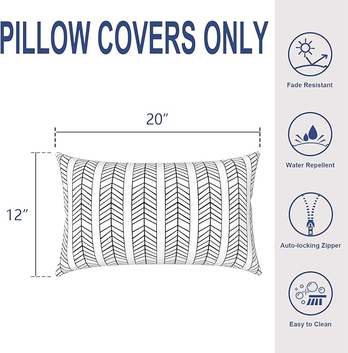 Pack of 2 Outdoor Lumbar Pillow Covers, All Weather Cushion Pillow Cases 12x20 Inch, Pillowcase for Patio Couch Decoration, HerringboneWhite