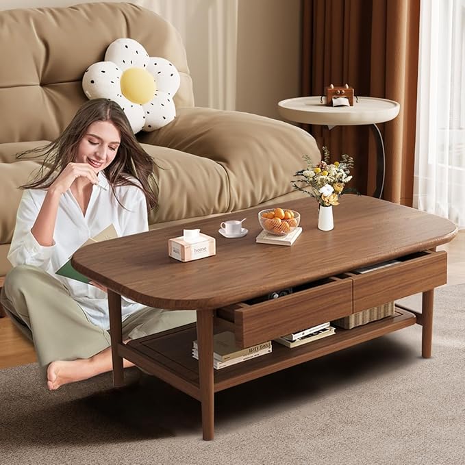 Solid Wood Coffee Table with Drawers, Real Oak Wood Table with Storage,47.2" Mid Century Modern Coffee Table for Living Room Unique Farmhouse Style