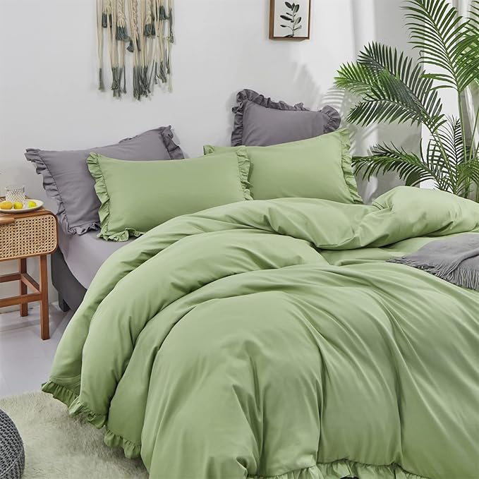 Luxlovery Sage Green Ruffle Comforter Set Full Boho Bedding Set Ruffled Farmhouse Boho Solid Blanket Quilts Aloe Green Bedding Set for Women Men