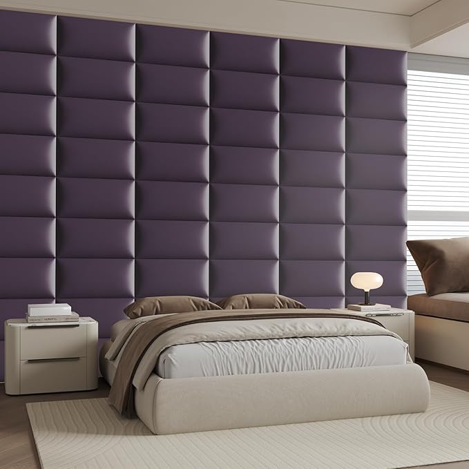 Purple Faux Leather Headboard for Queen Bed - 12-Panel Wall-Mount or Freestanding Design, 24x12-Inch Peel & Stick Upholstered Panels