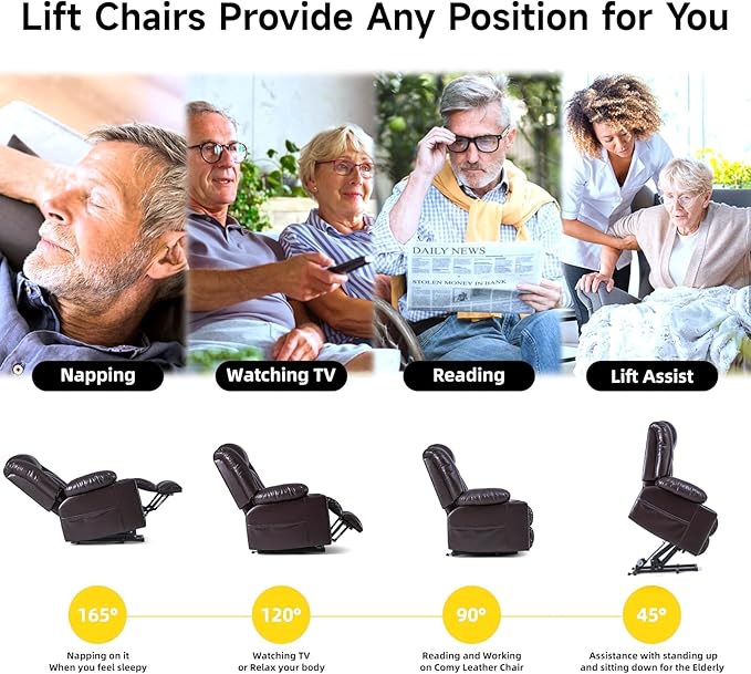 Large Power Lift Chairs Recliners for Elderly with Heated and Massage, Overstuffed Adjustable Lift Chairs, 3 Positions, Breathable Leather, USB-A and USB-C, Cup Holder, Side Pocket Dark Brown