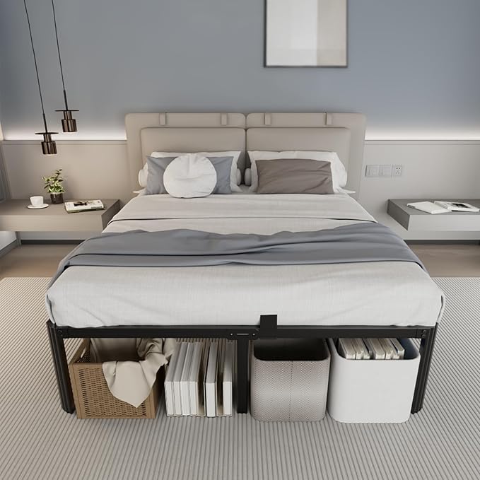 14 inch Metal Queen Bed Frame with Rounded Corner and Headboard Hole Mattress Retainers 3500LBS Heavy Duty Steel Slats No Box Spring Needed Platform Noise-Free Easy Assembly Queen Bed Frames