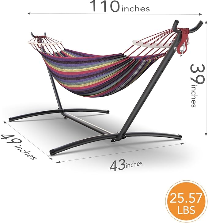 Double Hammock with Heavy-Duty Steel Stand,Portable,Easy Assembly,600lbs Weight Capacity,Perfect for Indoor,Yard,Camping,or Outdoor-Rainbow