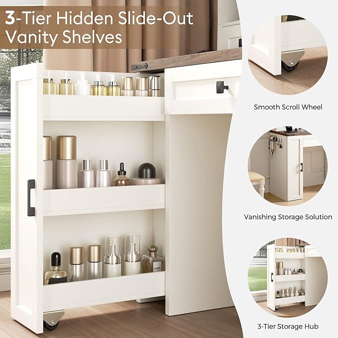 Farmhouse Makeup Vanity Desk with Sliding Mirror and Lights, Glass Desktop Makeup Vanity Desk with Charging Station, 3-Tier Hidden Slide-Out Vanity Shelves, Jewelry Storage Cabinet, 2 Drawers-White