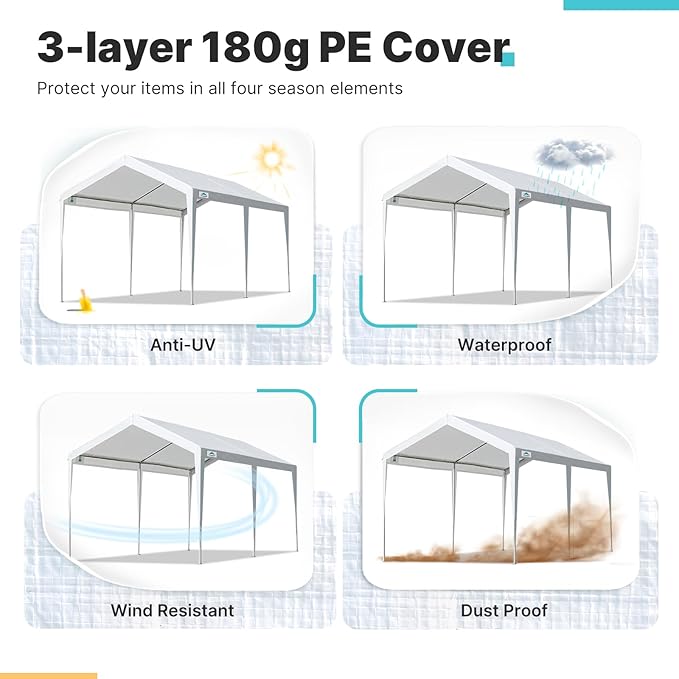 ADVANCE OUTDOOR 10x20 ft Heavy Duty Carport Potable Car Canopy Garage Party Tent Boat Shelter, Adjustable Height, with Leg Cloth, White