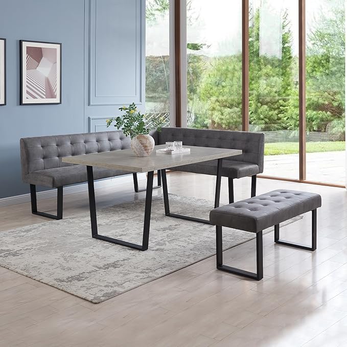 3 Piece Dining Table Set with Bench, 42.9 Inch Modern Kitchen Table with Left Seat Corner and 43.3 Inch Bench for Family Dining Room Furniture