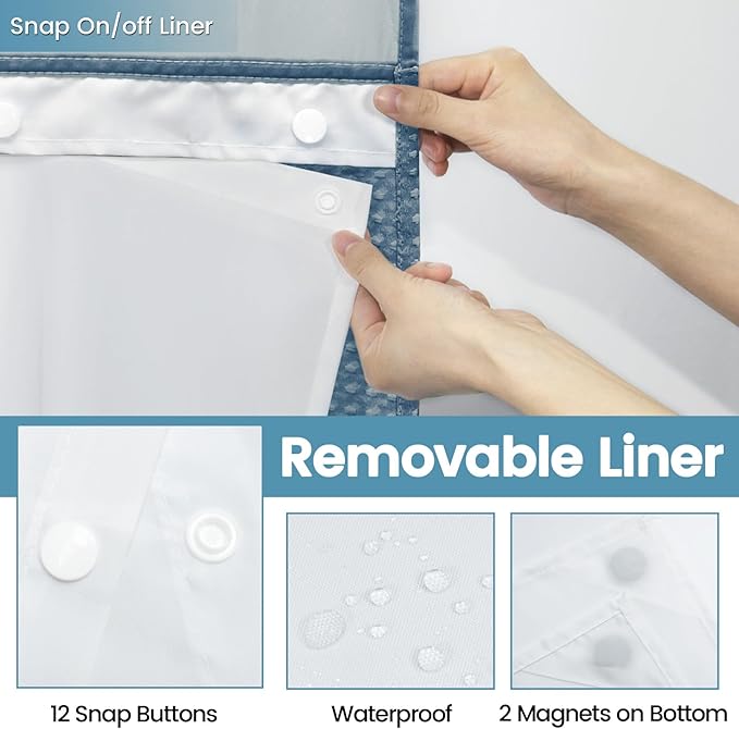 Moonlight Blue Long No Hook Shower Curtain with Snap in Liner,230GSM Waffle Weave Shower Curtains for Bathroom,71W x 86H