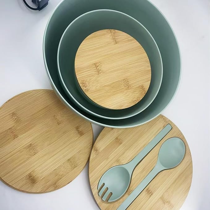 Salad Bowls Set of 3 with Lid & Serving Utensils, Bamboo Fiber Mixing Bowls Set Large Serving Bowls & Storage Set with Bamboo Lid for Salad, Kitchen Eating, Pasta, Popcorn, Chips, Fruit, Cyan