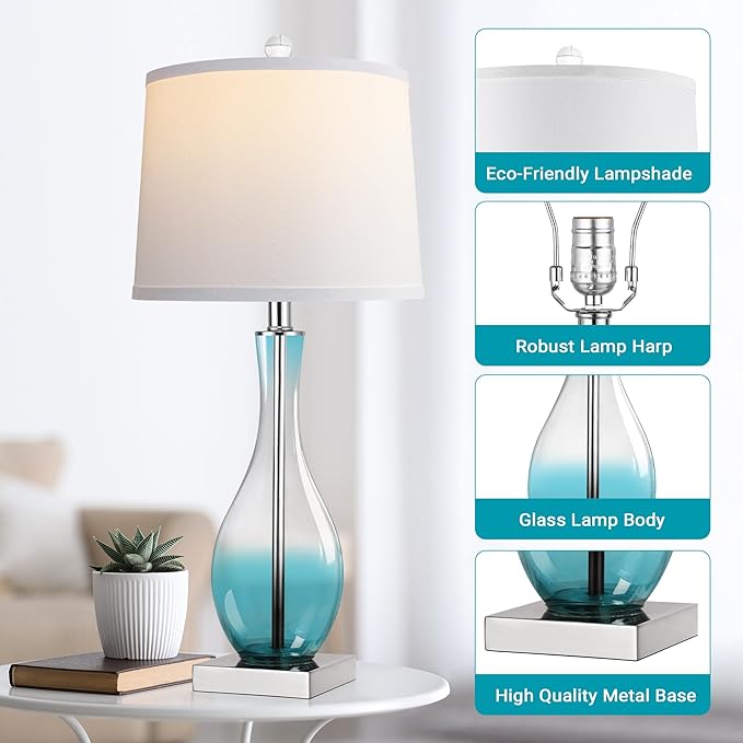 WIHTU Table Lamps Set of 2 with Touch Control, 27" Bedside Desk Lamps for Nightstand Decorations, 3-Way Dimmable Modern Glass Table lamp with USB C and A Charging Ports, Blue (LED Bulbs Included)