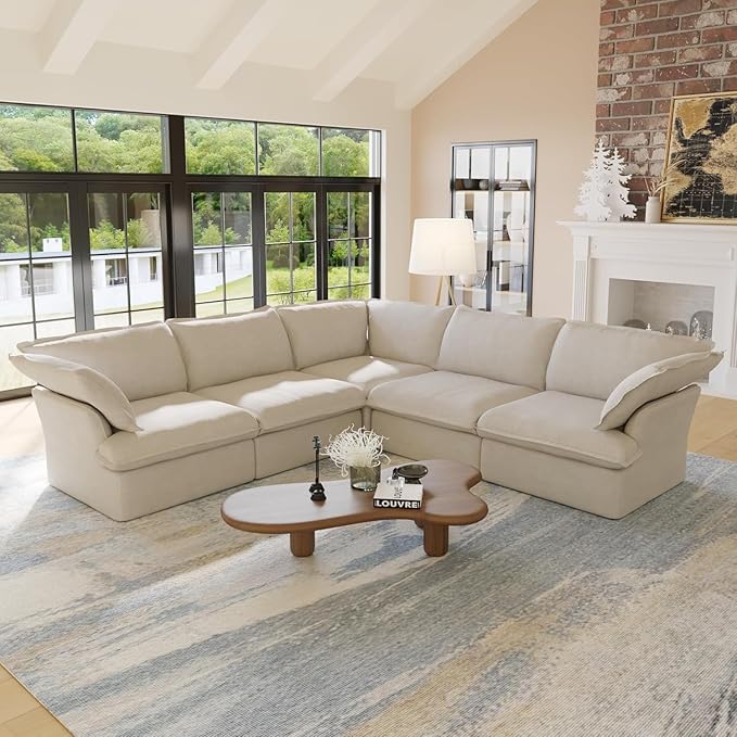 JACH V-Shaped Beige Cloud Couches, Convertible Modular Sofas, Minimalist Deep Seat Sofa, Down Fill Sectional, Couch Sofa Furniture for Living Room, Office, Apartment