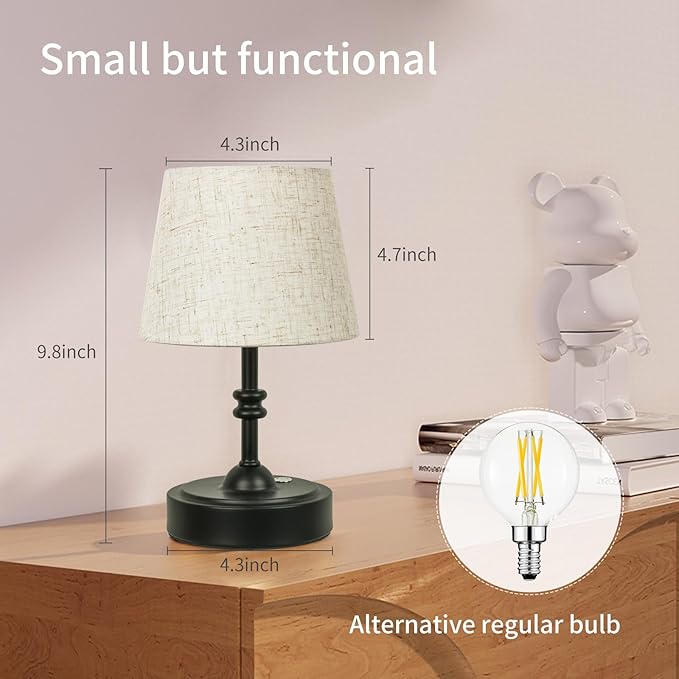 ONEWISH Small Cordless Lamp, Battery Operated Table lamp Dimmable, 4000mAh Rechargeable, Touch Bedside Lamp with Beige Linen Shade, 2700K Bulb Included, for Dining, Patio, Bathroom(Black)