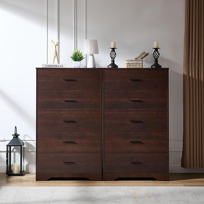 LIDYUK Dresser for Bedroom, Wood Dresser with 5 Drawers, Modern Minimalist Dressers & Chests of Drawers, 47 Inches Tall Chest of Drawers for Bedroom, Hallway, Living Room, Dark Cherry
