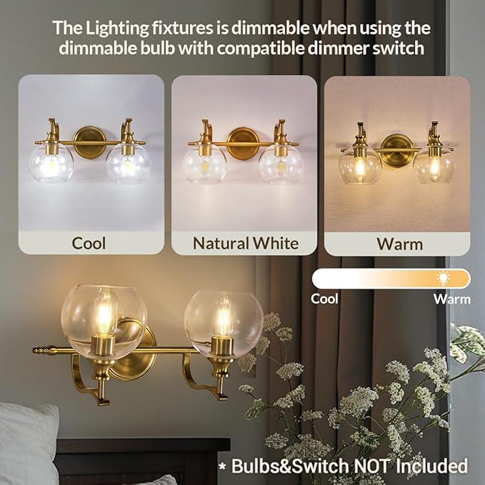 ANDY STAR 2 Light Bathroom Vanity Light, Brushed Gold Bathroom Light Fixtures, Wall Lighting with Clear Globe Glass Shades, Brass Wall Sconce for Living Room, Bedroom, Hallway
