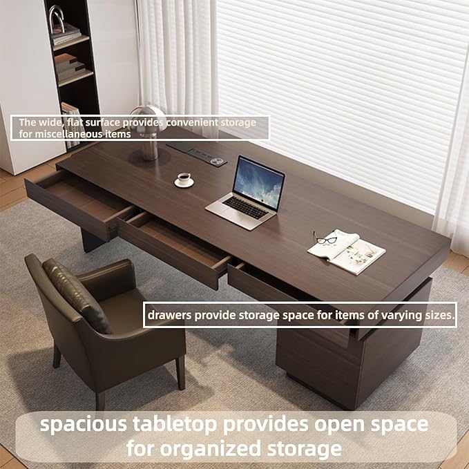 Modern Executive Desk with Drawers 62.99IN(Storage Base)(Wooden Texture) Home Office Desks Include Multi-Function Socket,Large Desktop