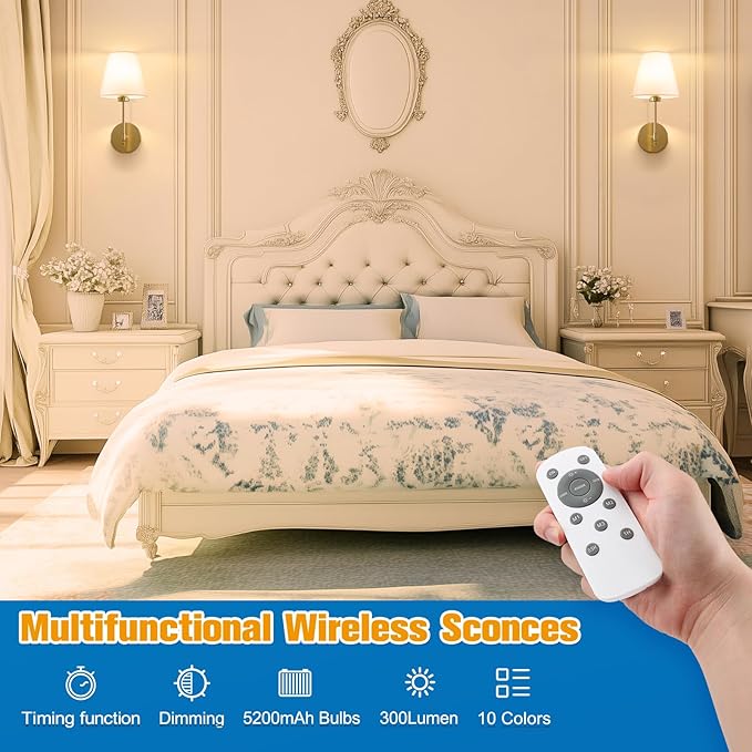 NIORSUN 14.5 inch Battery Operated Wall Sconce Set of 2,Gold Rechargeable Wall Lights with 5200mAh Dimmable Detachable Bulbs and Remote,9 Colors Wireless Sconces for Bedroom Living Room Hallway Decor