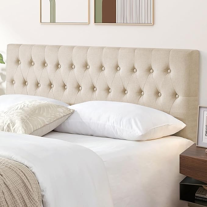 Kingfun Tufted Upholstered Queen Size Bed Headboard in Modern Button Design, Adjustable Solid Wood Head Board, Premium Linen Fabric Padded Headboards in Bedroom (Beige, Queen)