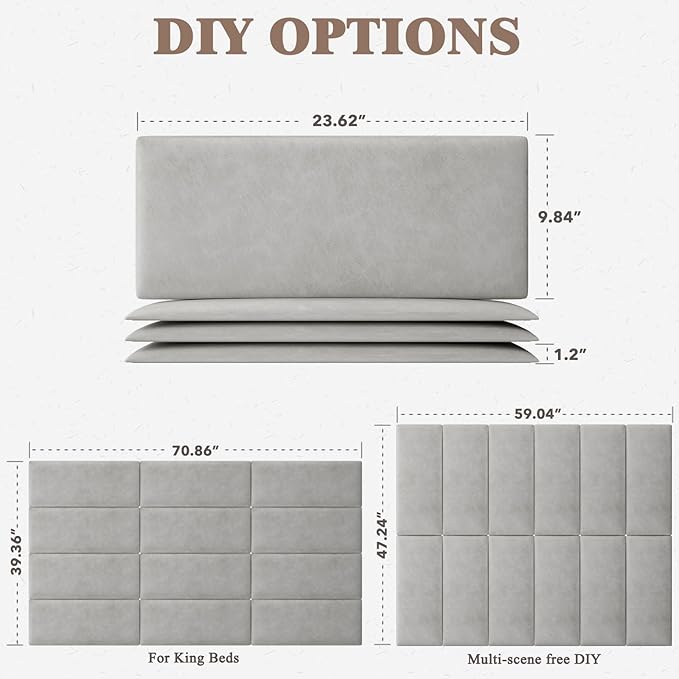 Upholstered Headboard for King Size Bed, Wall Mounted & Peel and Stick Headboard, Soundproof DIY Wall Panels, Leather Head Board in Modern Design for Bedroom (12 Panels, Each 23.62"x9.84"