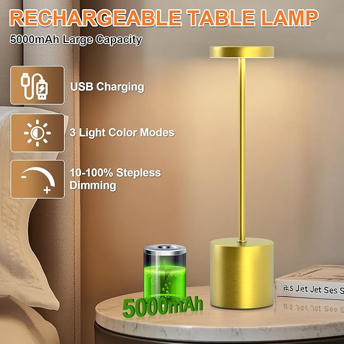 Rechargeable Table Lamp – 2 Pack Touch Lamps, Cordless Desk Lamp, 5000mAh Battery Operated Lamp with 3-Color Dimmable Light, Portable LED Lamp for Bedroom, Dining Room, Patio, Outdoor (Gold)