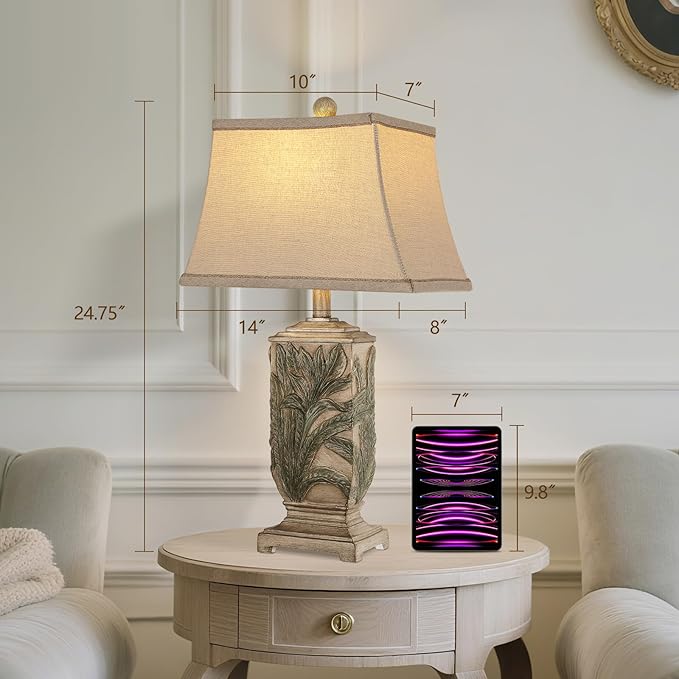WIHTU 25" Vintage Table Lamps, 3 Color Temperature Palace Retro Beside Lamp Set of 2, Resin Desk Lamp for Livingroom Bedroom Nightstands, Rotary Switch, Carved Leaf(2 Bulbs Included)