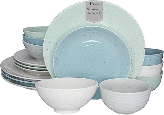 Sango Siterra Artist's Blend 16-Piece Stoneware Dinnerware Set – Service for 4, Mixed Glossy Finish with Unique Speckled Design, for Everyday Dining & Entertainment, Dishwasher & Microwave Safe