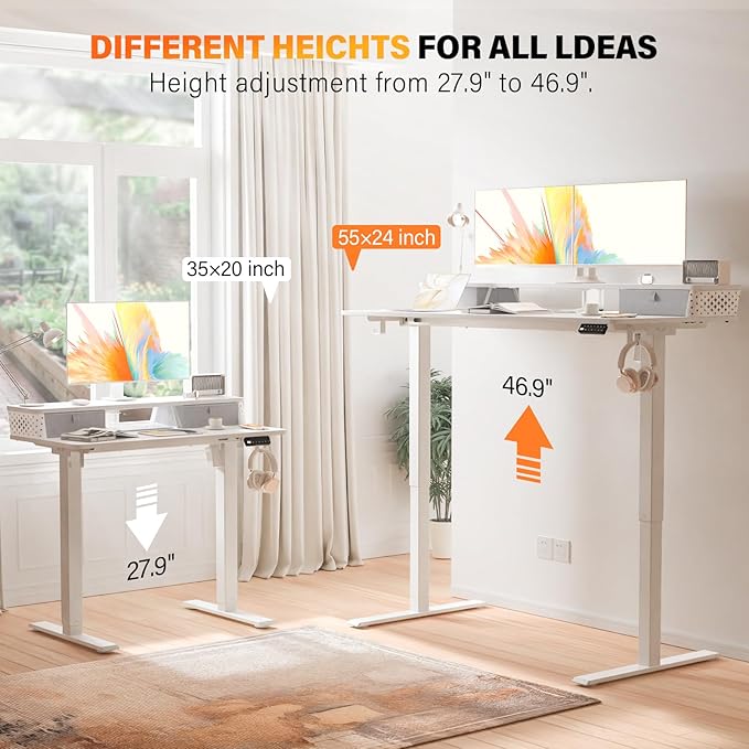 Electric Standing Desk with 2 Drawers 48''x 24'' Adjustable Height Sit to Stand Up Desk with Storage Shelf, C-Clamp Mount Compatible White Home Office Desks Computer Gaming Table Ergonomic Workstation