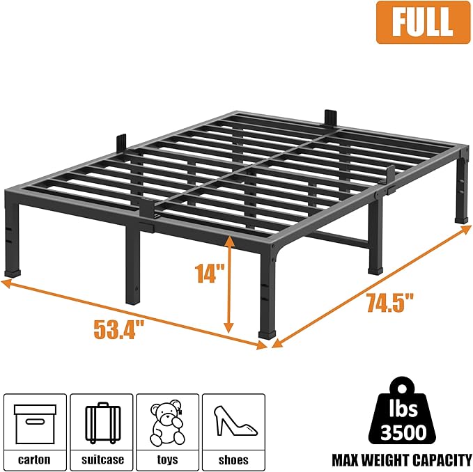 FUIOBYVV Full Size Bed Frame, 14 Inch Heavy Duty Metal Platform Bed Frame Full Support Up to 3500 lbs, No Box Spring Needed/No Shaking/Steel Slat Support/Noise Free/Easy Assembly