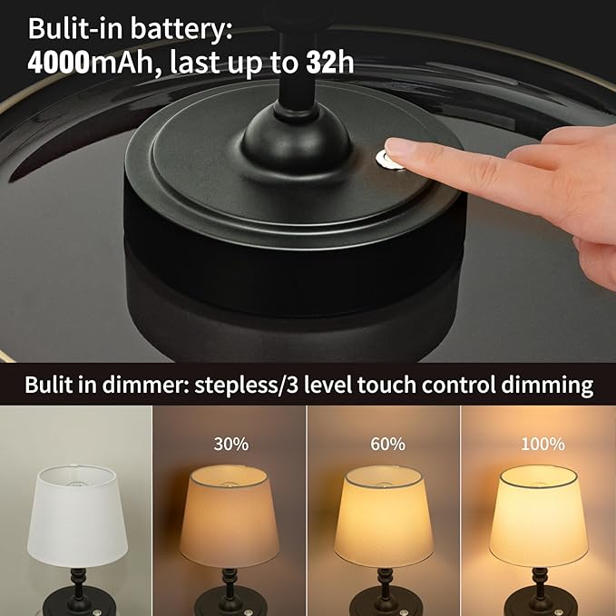 ONEWISH Small Cordless Lamp Dimmable-Battery Operated Table lamp, 4000mAh Rechargeable, Touch Bedside Lamp with White Fabric Shade, 2700K Bulb Included, for Dining, Patio, Bathroom(Black)