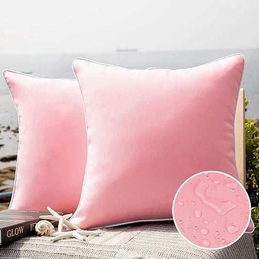 Phantoscope Pack of 2 Outdoor Waterproof Solid Throw Decorative Pillow Cover Decorative Square Outdoor Pillows Cushion Case Patio Pillows for Couch Tent Sunbrella (18''x18'', Pink)