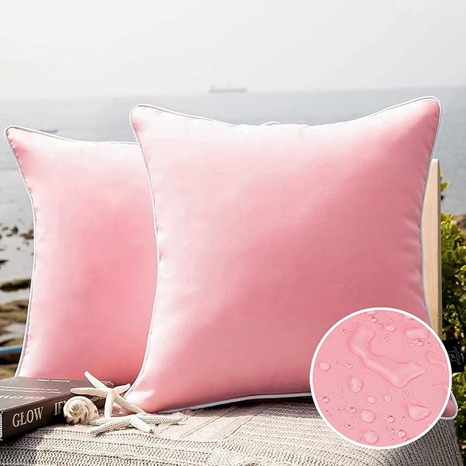 Phantoscope Pack of 2 Outdoor Waterproof Solid Throw Decorative Pillow Cover Decorative Square Outdoor Pillows Cushion Case Patio Pillows for Couch Tent Sunbrella (20''x20'', Pink)