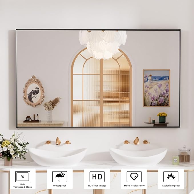 Bathroom Mirror Black,60x36 Inch Large Matte Black Bathroom Vanity Mirror,Rectangle, Square Corner, Anti-Rust,Shatter-Proof, Bedroom, Living Room, Entryway, Wall-Mounted(Horizontal/Vertical)
