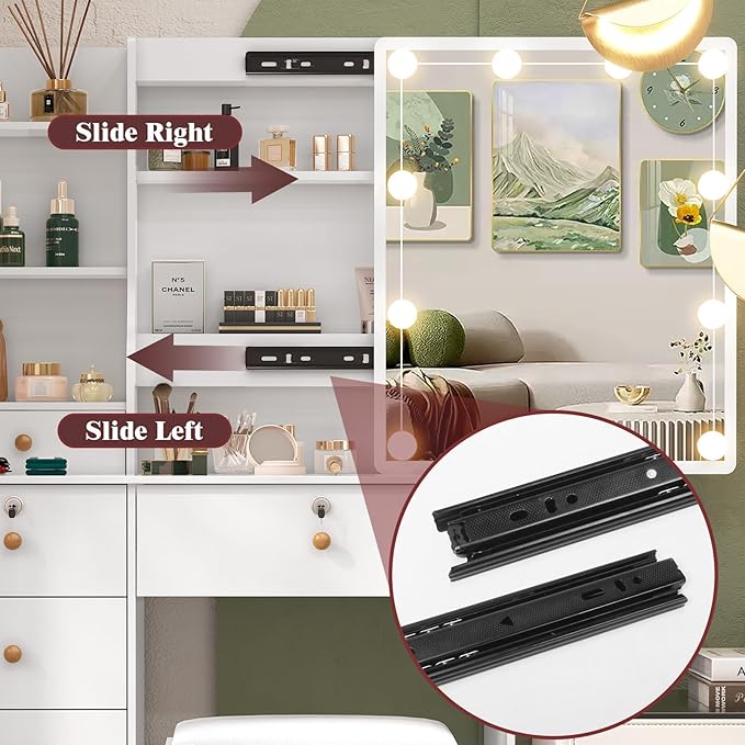 Vanity Desk with Sliding Mirror and Lights, Small Makeup Vanity Table Set with Chair and Drawers, White Vanity with Lighted Mirror for Bedroom, Dressing Table for Teen Girls and Women