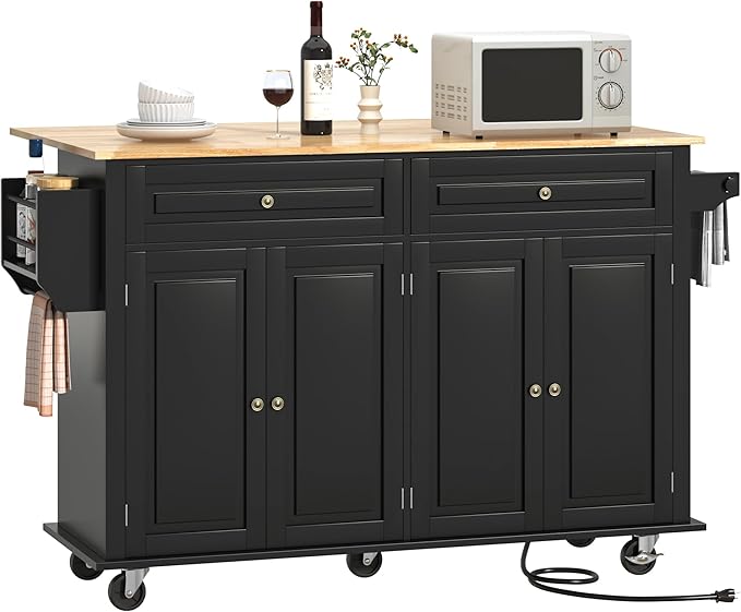 59.1" Movable Kitchen Island with Drop Leaf and Power Outlet, Rolling Island Cart w/Storage Cabinet, Island Table on Wheels for Kitchen w/2 Drawers, Spice Rack, Towel Bar, Garage Hook, Black