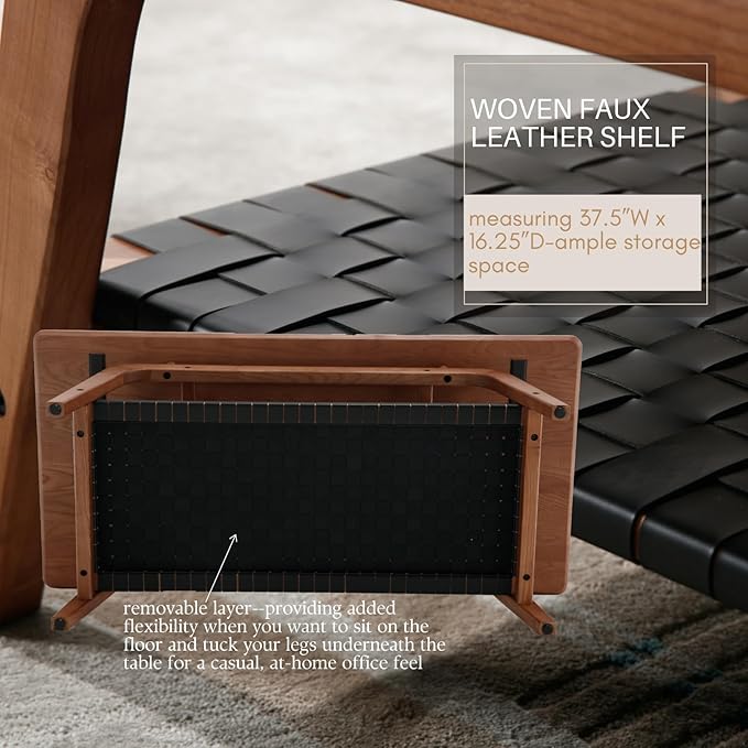 Solid Wood Coffee Table for Living Room, 47” Mid Century Modern 2-Tier Storage Coffee Table Rectangular Coffee Tables with Faux Leather Shelf Storage for Office Apartment, Walnut