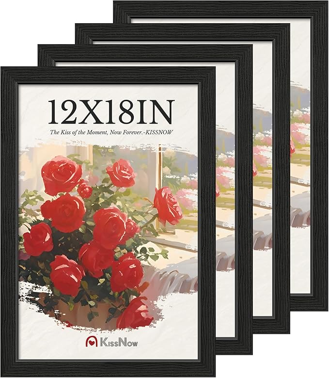 12x18 Poster Frame 4 Pack, Textured Black Solid Wood Picture Frame, Wall Hanging
